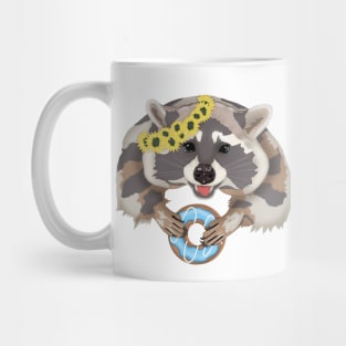 Raccoon sweet tooth with donut in a wreath of sunflowers. Mug